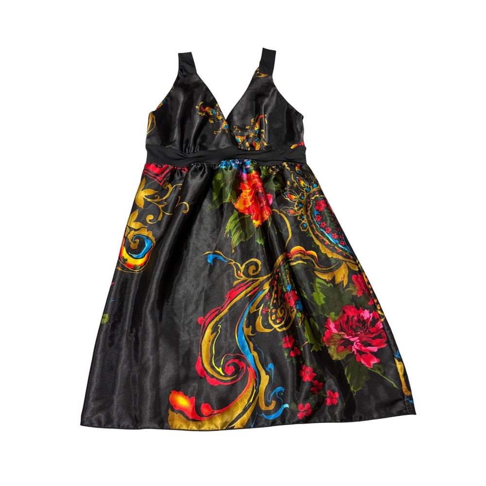 Karlie Empire Waist Dress‎ Babydoll Women's Large Floral Paisley Satin Black